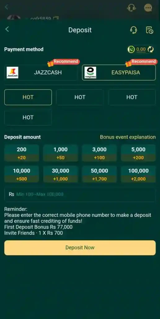 Deposit system in JJ77 Game.