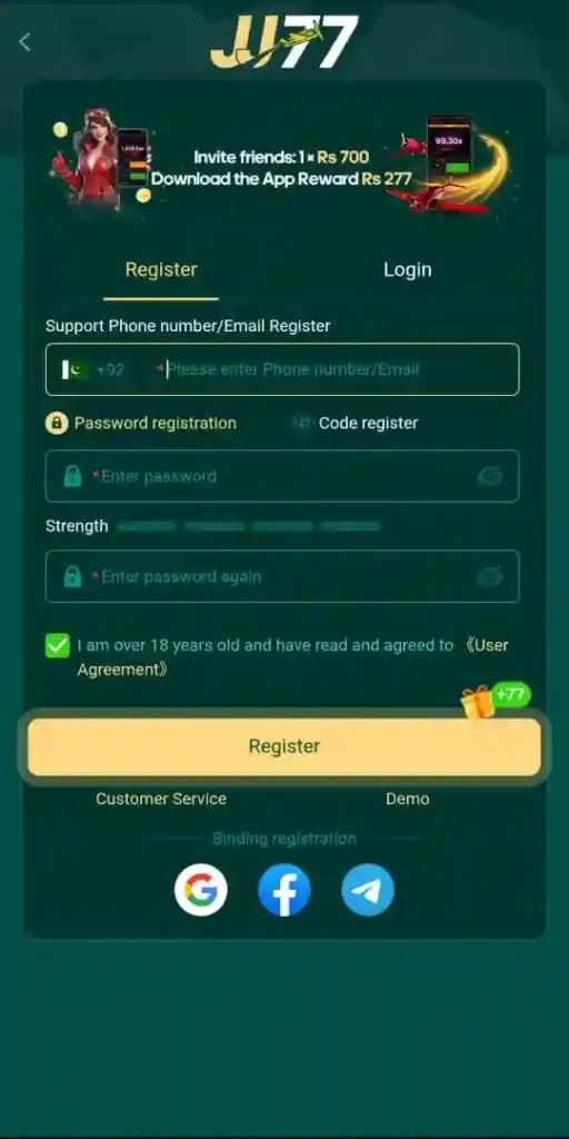 Register and login method in JJ77 Game.