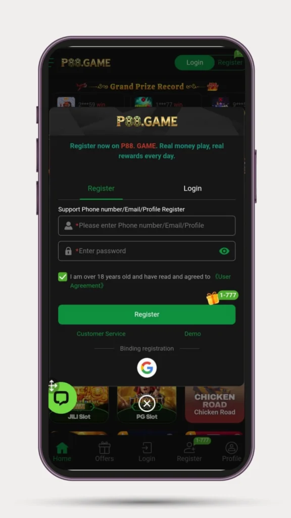 Register and login method in P88 Game.