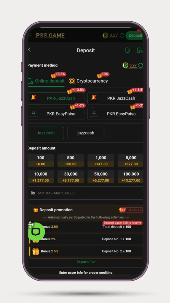 Deposit method in P88 Game.