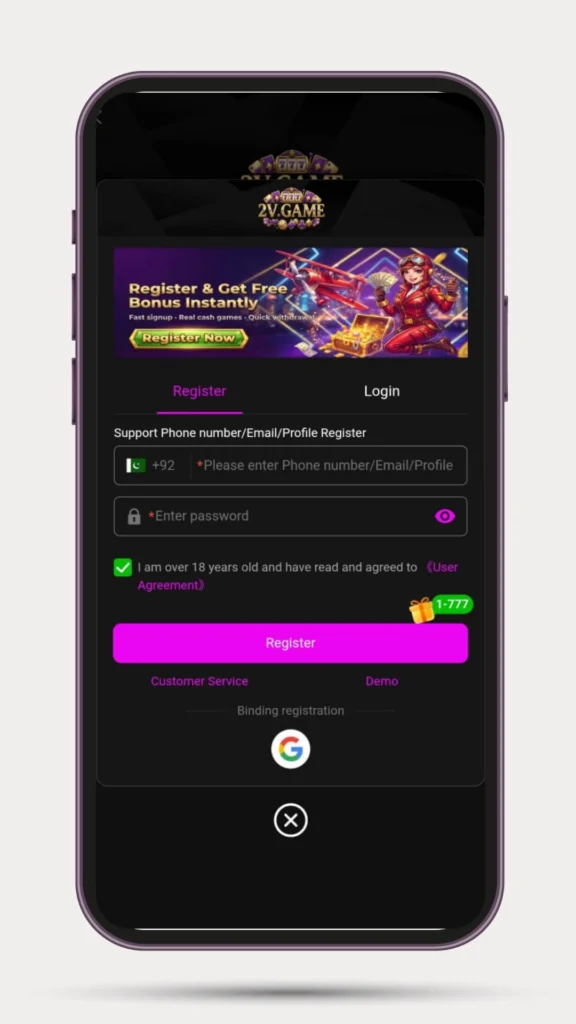 Register and login Method in 2V Game.